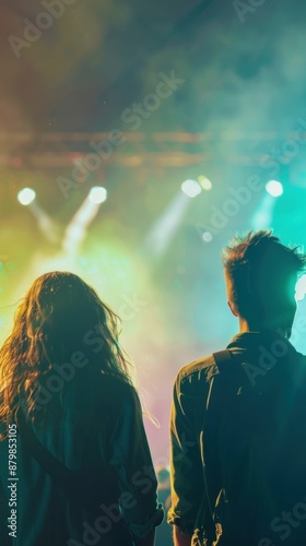 Silhouettes of two people in front of a stage with lights.