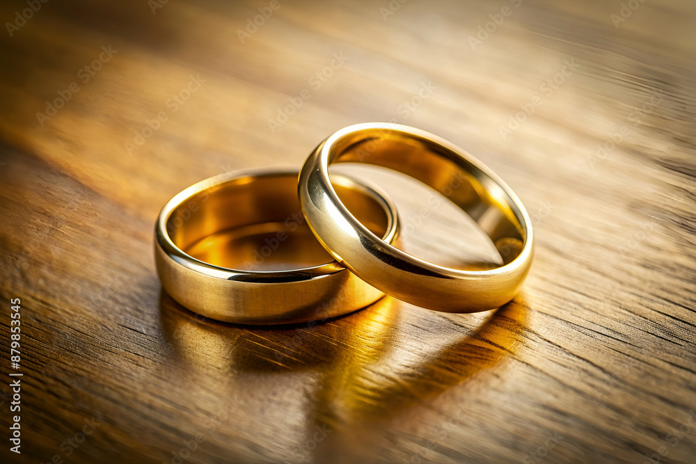 Two gold wedding rings are placed on a wooden surface. The rings are shiny and reflect light, creating a warm and romantic atmosphere