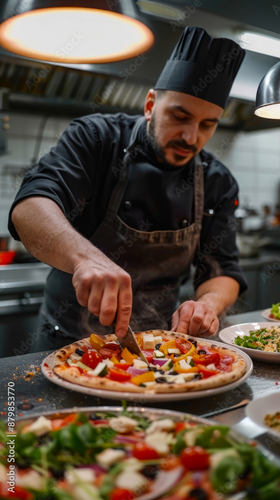 Chef Preparing a Fresh Vegetable Pizza in a Professional Kitchen Chef Preparing a Fresh Vegetable Pizza in a Professional Kitchen