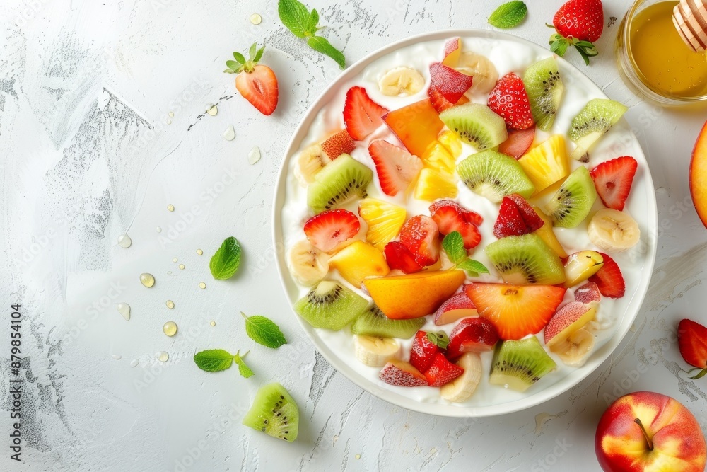 Summer fruit salad with creamy greek yogurt sauce on white table Healthy recipe Summer fruit salad with creamy greek yogurt sauce on white table Healthy recipe