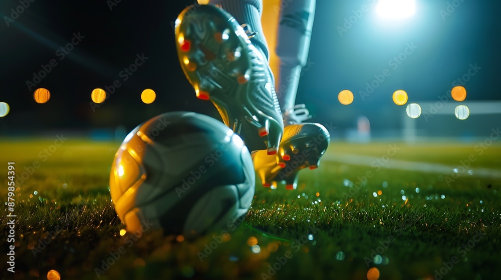 Naklejka premium Football scene at night match with close up of a soccer shoe hitting the ball with power