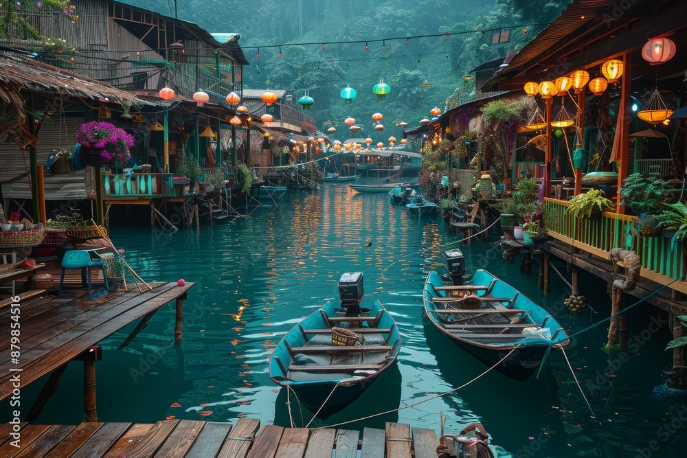 Obraz premium Colorful Boats Moored Along the Waterway in a Lush Tropical Village