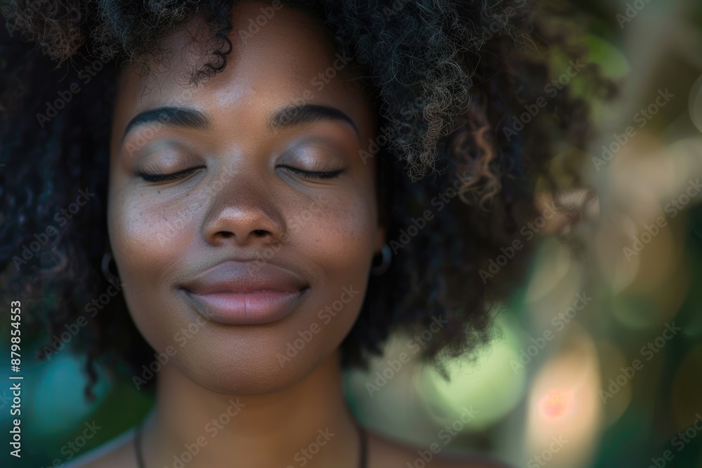 African American Woman Serene. Portrait of Strong and Serene Woman with Eyes Closed and a Content Smile African American Woman Serene. Portrait of Strong and Serene Woman with Eyes Closed and a Content Smile