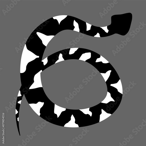 Black and white silhouette snake. Isolated symbol on grey background. Rounded reptile vector illustration. Dangerous wildlife animals in garden. Black snake with white spots. Eps 10 clipart draw. 