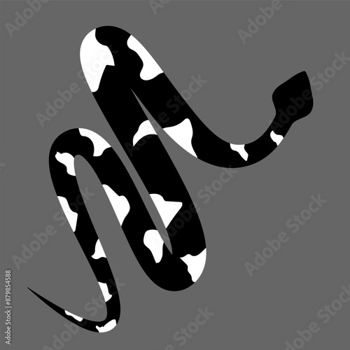 Black and white silhouette snake. Isolated symbol on grey background. Zig zag reptile vector illustration. Dangerous wildlife animals in garden. Black snake with white spots. Eps 10 clipart draw. 