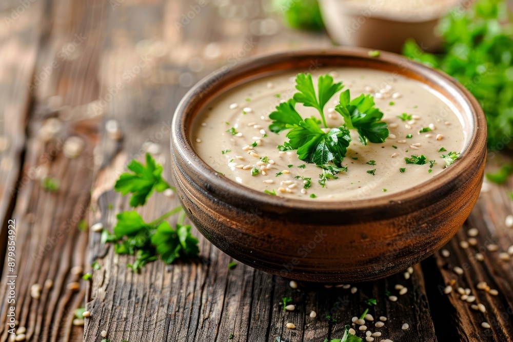 Tahini sauce with parsley in wooden bowl Tahini sauce with parsley in wooden bowl