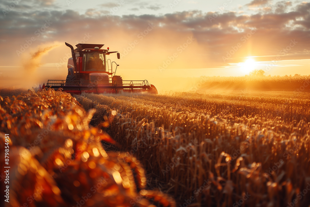 Fototapeta premium Farmers harvesting crops in a sunlit field