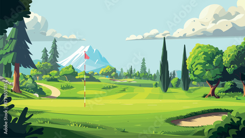 Endless Golf Courses Cartoon Game Illustration Golfing Sport Leisure Outdoor Activity Golf Course Landscape Green Fairway Tee Illustration Golfing Paradise Golfer s Dream Golf