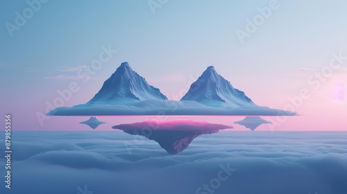 A minimalist anime scene where mystical mountains emit spectral light and floating islands drift above © JK_kyoto