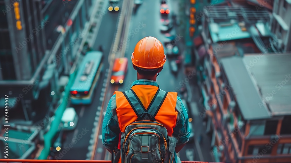 Rear view of engineer wearing safety helmet and looking at the city Rear view of engineer wearing safety helmet and looking at the city