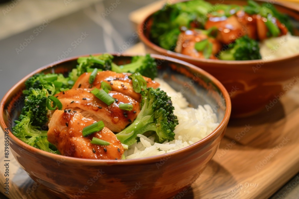 Teriyaki chicken broccoli basmati rice in two clay bowls