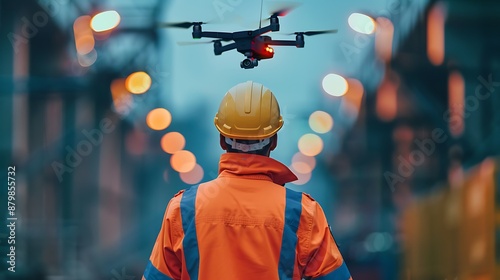 Rear view of a worker operating a drone in a construction site
