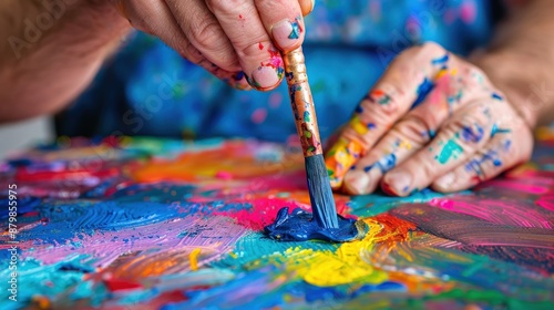 A person is painting a colorful abstract painting with a brush. The painting is full of vibrant colors and has a sense of movement and energy. The brush strokes are visible, adding texture