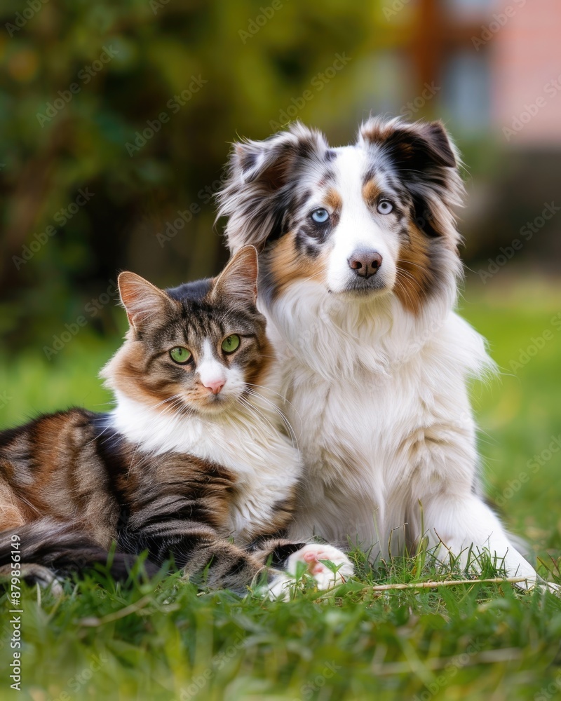 Cat And Dog Outside. Adorable Australian Shepherd Puppy and Cat Cuddle on Green Grass Cat And Dog Outside. Adorable Australian Shepherd Puppy and Cat Cuddle on Green Grass
