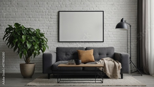 Modern living room with houseplant and blank picture frame on sofa and white brick wall
