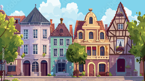 European City Houses Street Cartoon Game Background Urban Landscape Historic Architecture Cobblestone Street Townhouses Illustration