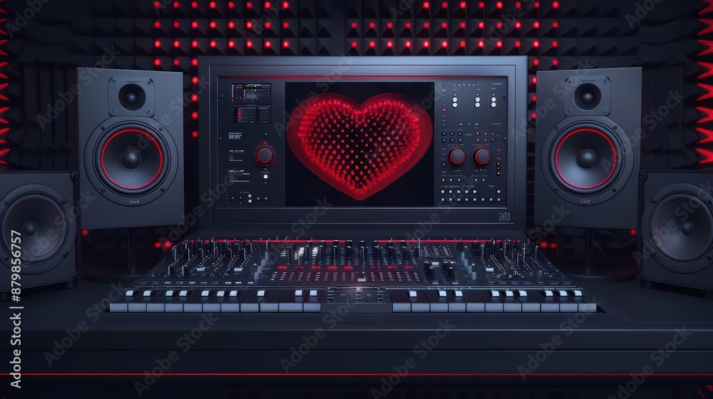 Fototapeta premium A minimalist music studio where mystical sound waves resonate with heartshaped holograms