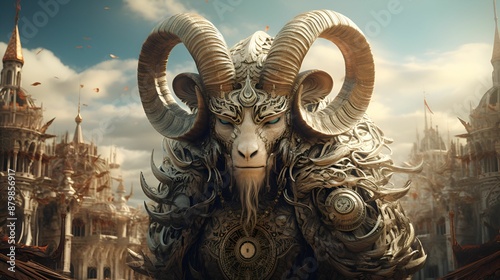 A majestic, intricately adorned horned creature, standing regally against an ancient city backdrop.