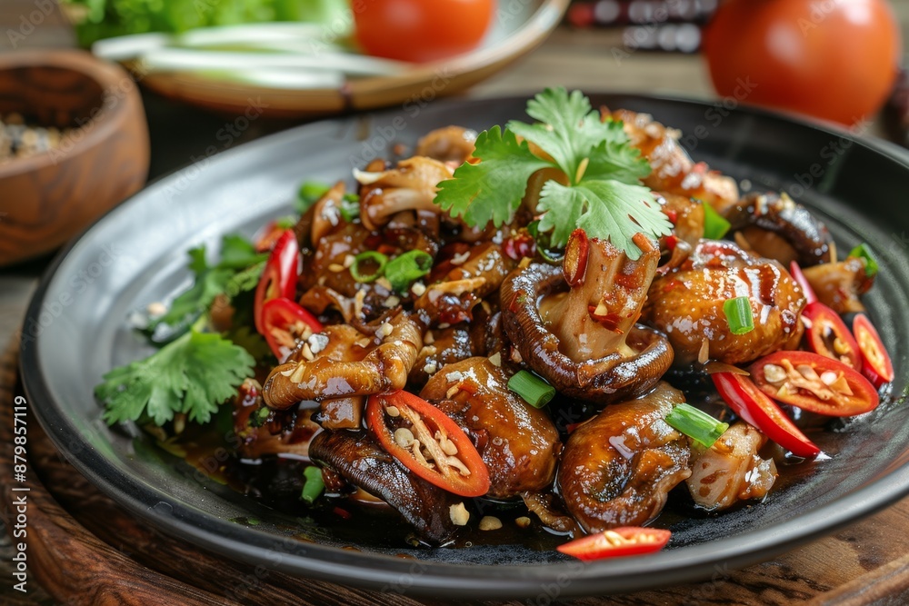 Thai top menu offering fried mushrooms with spicy oyster sauce Thai top menu offering fried mushrooms with spicy oyster sauce