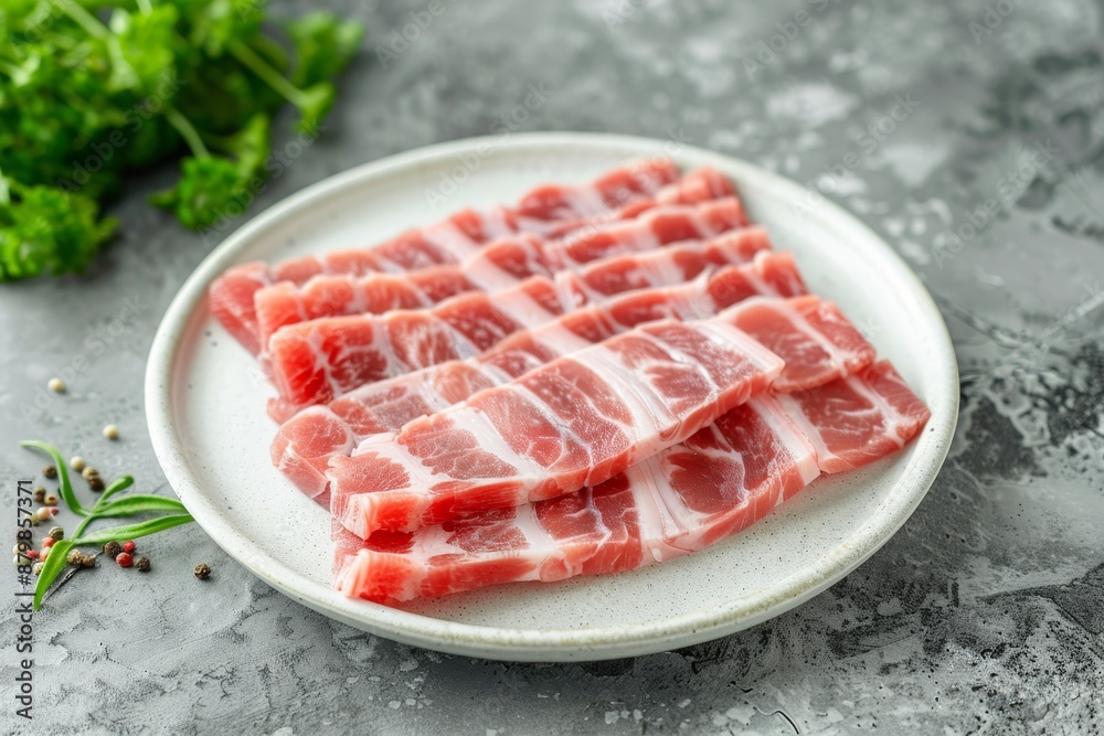 Thinly sliced pork belly for shabu shabu in white dish on grey surface Thinly sliced pork belly for shabu shabu in white dish on grey surface