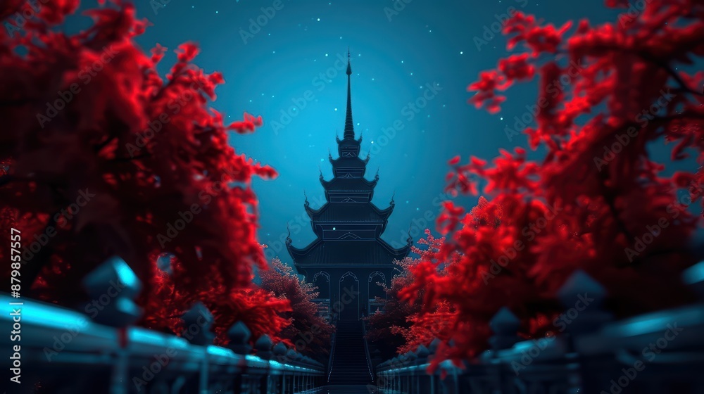 A minimalist Thai vista where enchanted pagodas are surrounded by glowing A minimalist Thai vista where enchanted pagodas are surrounded by glowing