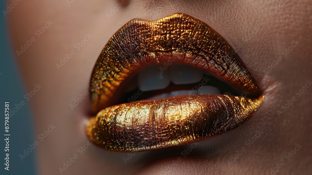 A woman's lips are painted gold and blue A woman's lips are painted gold and blue