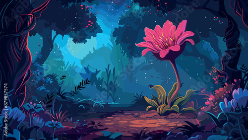 Fabulous Aggressive Carnivorous Flower in Magical Night Forest Cartoon Game Illustration Fantasy Creature Magic Enchanted Forest Nighttime Wilderness Adventure Illustration