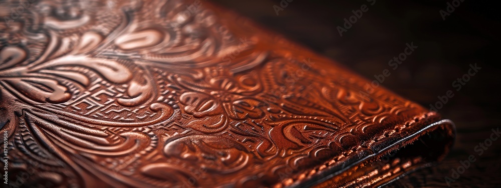A leather pocket with a gold embossed design A leather pocket with a gold embossed design