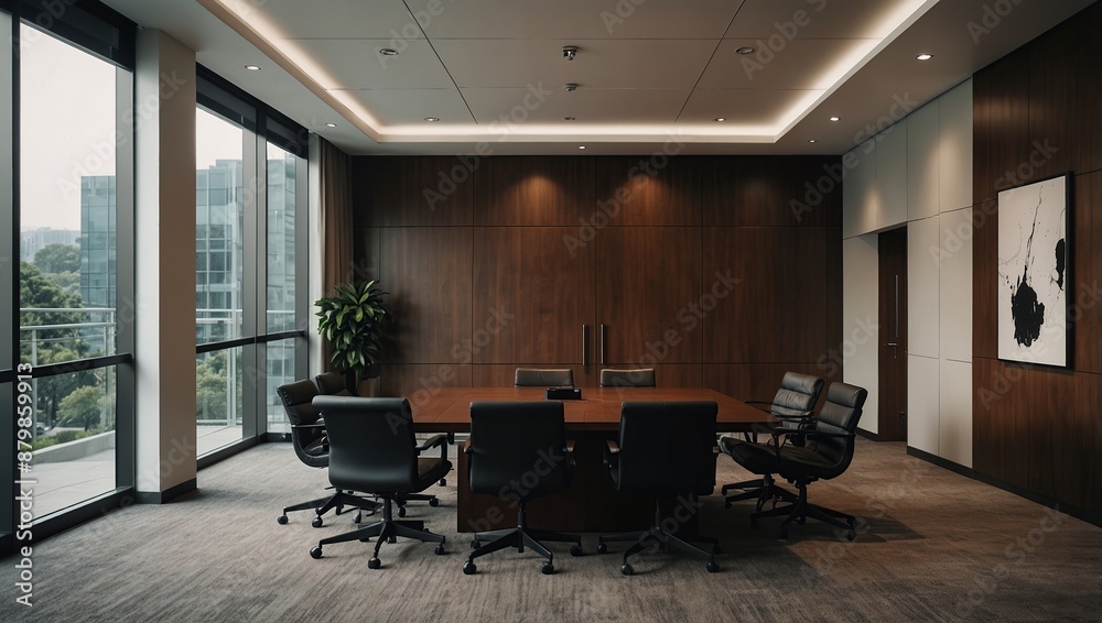 Fototapeta premium Modern office conference room interior with table and chairs, door and window