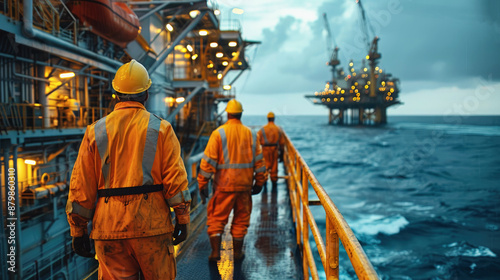 Offshore oil rig workers in protective gear walking on the platform, highlighting the challenging conditions and industrial operations at sea.