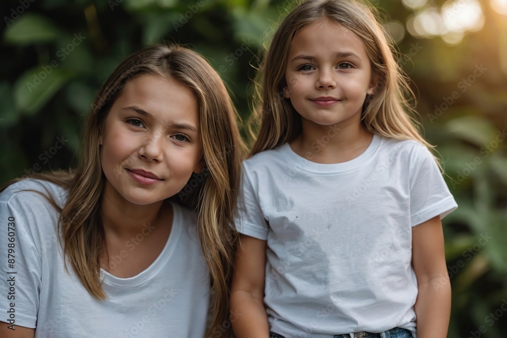 Mother and daughter wearing blank empty white t-shirt mockup for design template Mother and daughter wearing blank empty white t-shirt mockup for design template