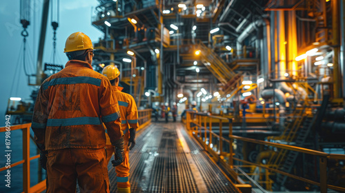 Oil rig engineer in protective gear walking on the platform at night, emphasizing industrial operations and safety