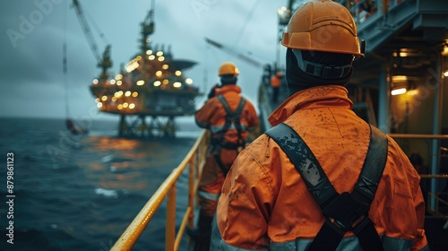 Offshore oil rig workers in protective gear on the platform during a rainy night, highlighting the harsh working conditions and industrial operations.