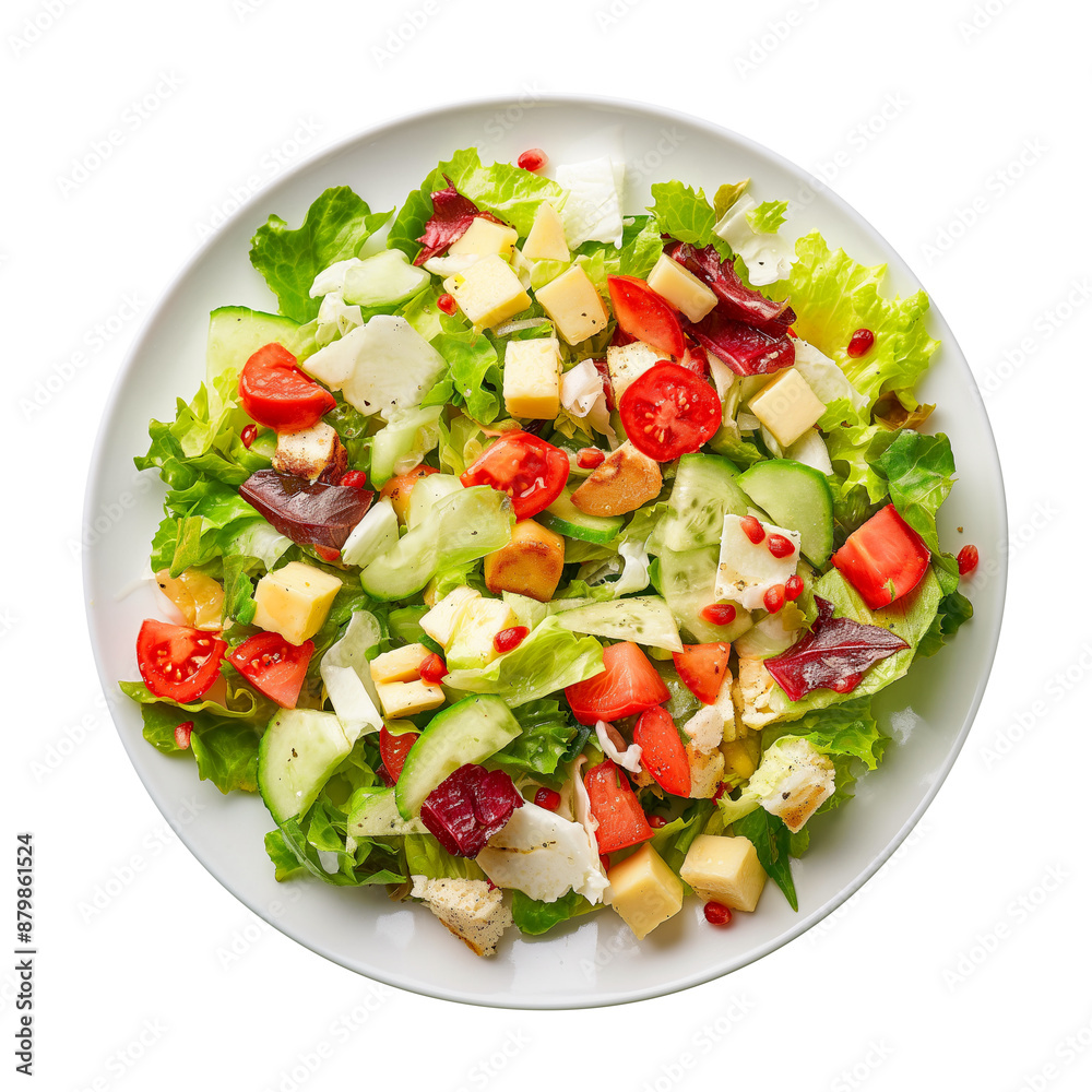 Fresh and Colorful Mixed Green Salad with Cherry Tomatoes, Cheese Cubes, and Vegetables on a White Plate for Healthy Eating and Nutrition Concepts Fresh and Colorful Mixed Green Salad with Cherry Tomatoes, Cheese Cubes, and Vegetables on a White Plate for Healthy Eating and Nutrition Concepts