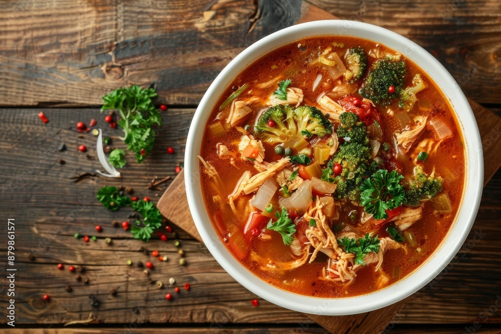 Top view of white bowl on wood table with stew made of shredded chicken breast tomato sauce red pepper onion and broccoli Top view of white bowl on wood table with stew made of shredded chicken breast tomato sauce red pepper onion and broccoli