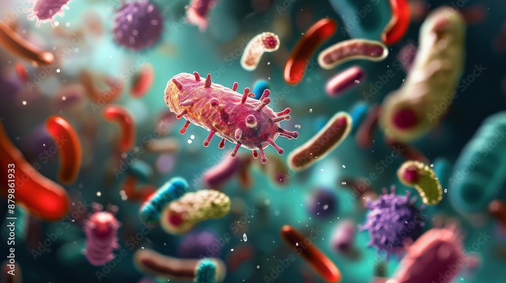 A colorful image of bacteria and viruses floating in the air. Scene is chaotic and overwhelming, as the various microorganisms are scattered all over the scene A colorful image of bacteria and viruses floating in the air. Scene is chaotic and overwhelming, as the various microorganisms are scattered all over the scene