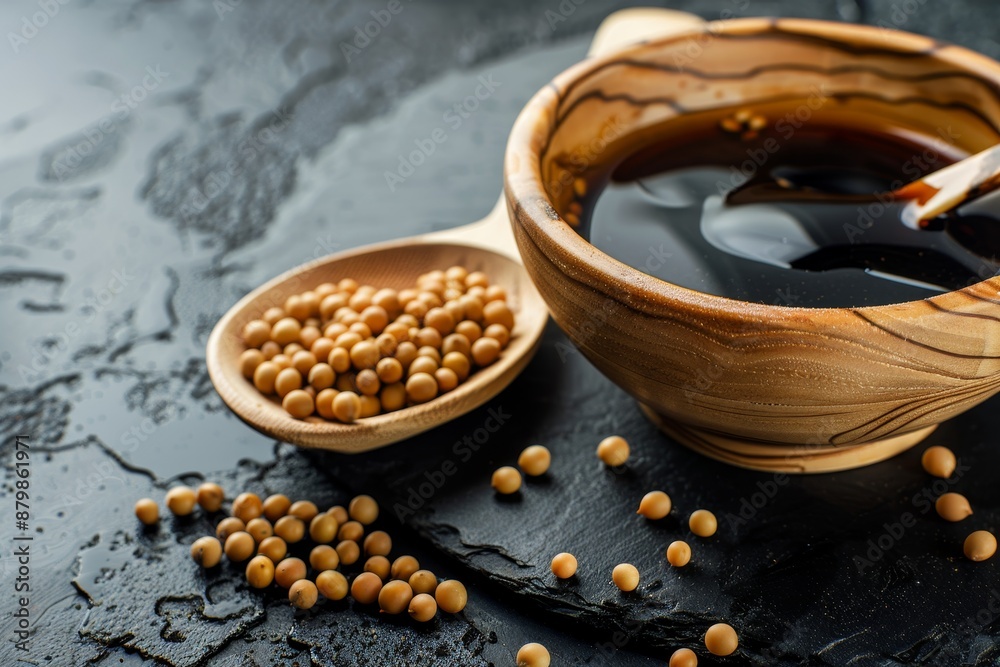 Traditional Asian condiment soy sauce in wooden bowl with dry soybeans on black stone background Traditional Asian condiment soy sauce in wooden bowl with dry soybeans on black stone background