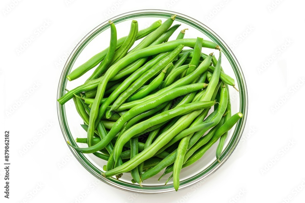 Cooked Green Beans Top View. Glass Bowl Isolated on White Background Cooked Green Beans Top View. Glass Bowl Isolated on White Background
