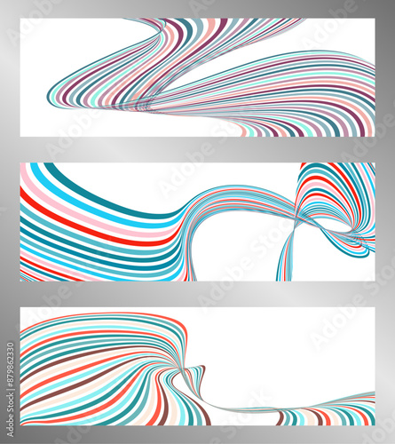 Wavy lines or ribbons. Set of 3 backgrounds. Multicolored striped gradient. Creative unusual background with abstract gradient wave lines to create a trendy banner, poster. vector eps