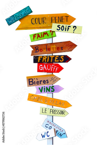 Wooden multicolored directional signs WELCOME, WINE, THIRST, BEER, HUNGER, FRUITS, RELAX, WC with food or drink choices in French language isolated on white background.