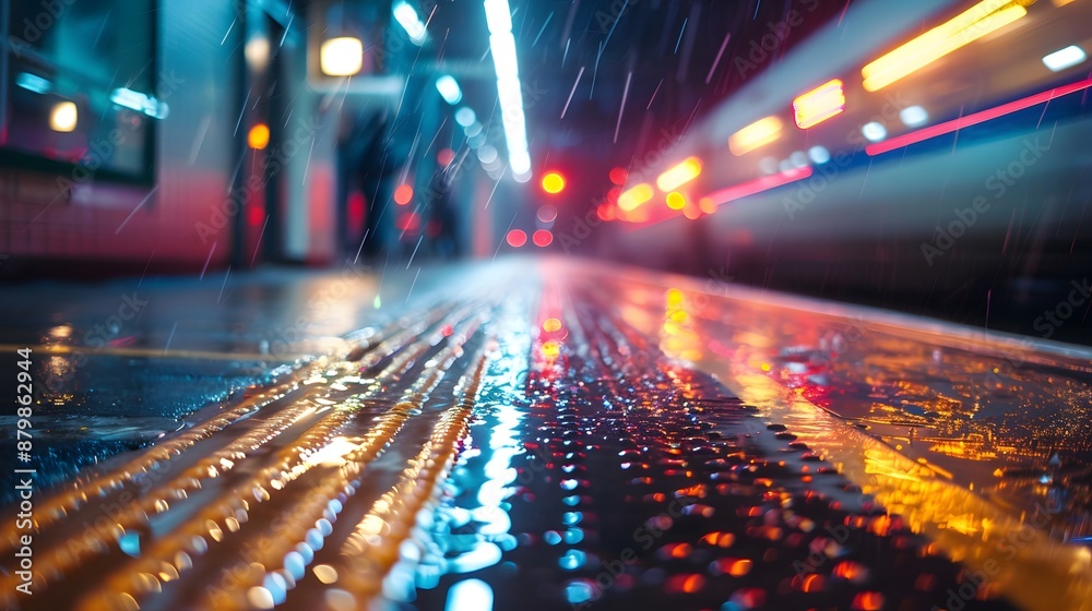 A desolate train station platform under heavy rain with blurred lights of a train approaching A desolate train station platform under heavy rain with blurred lights of a train approaching