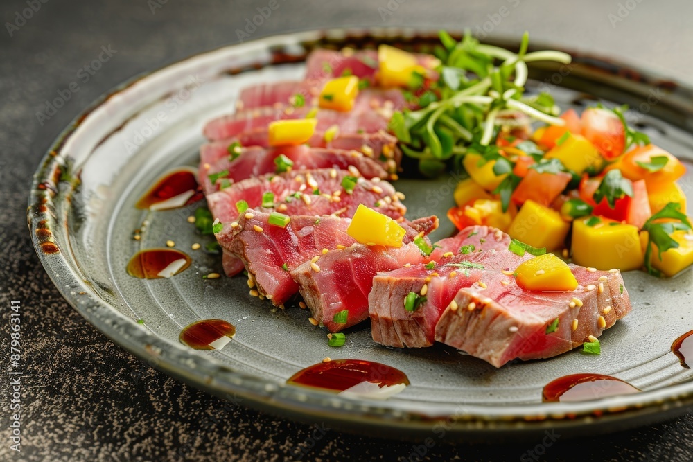 Tuna tataki with mango salsa and ponzu sauce on a ceramic plate Tuna tataki with mango salsa and ponzu sauce on a ceramic plate
