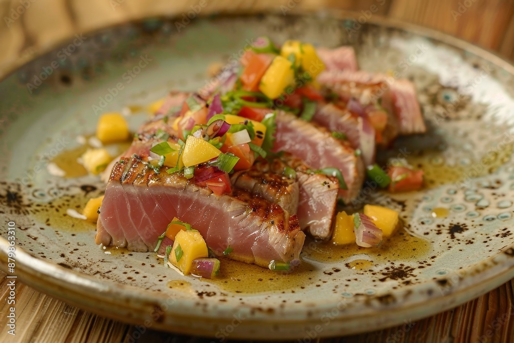 Tuna tataki with mango salsa and ponzu on a speckled plate Tuna tataki with mango salsa and ponzu on a speckled plate