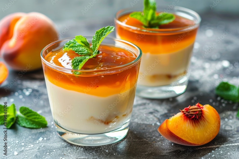 Two scrumptious pannacottas with peach sauce and mint leaf Two scrumptious pannacottas with peach sauce and mint leaf