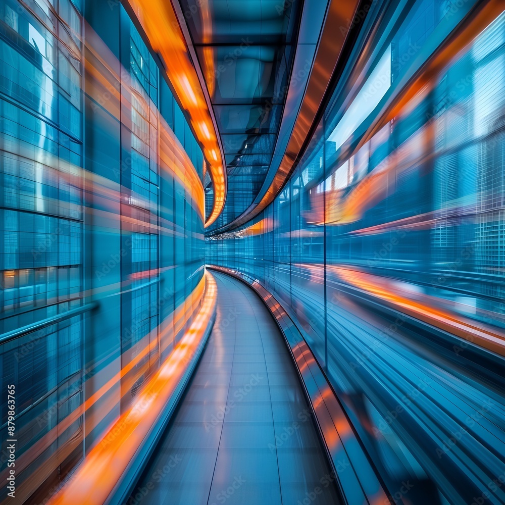 Obraz premium A high-speed train passing through an office building, creating motion blur and reflections on glass surfaces, captured with long exposure photography techniques
