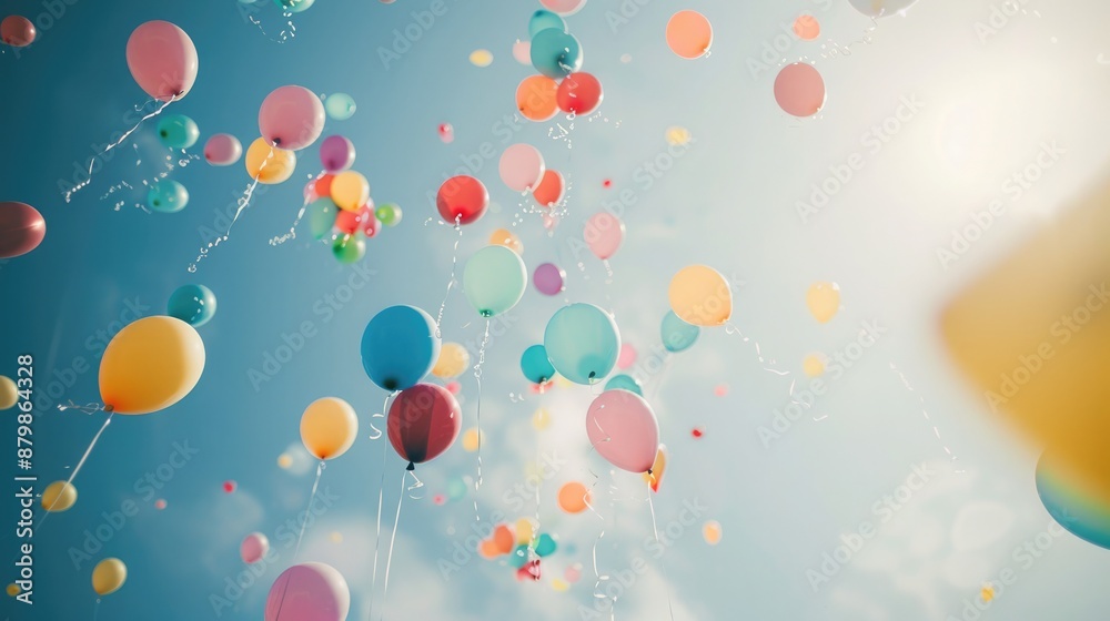 Blurred view of colorful helium balloons floating upwards, creating a sense of movement and a festive mood. Blurred view helium balloons floating Blurred view of colorful helium balloons floating upwards, creating a sense of movement and a festive mood. Blurred view helium balloons floating