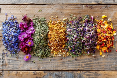 Variety of herbal and berry teas on wooden backdrop Tea party theme with medicinal herbs like linden calendula and marigold Alternative hea