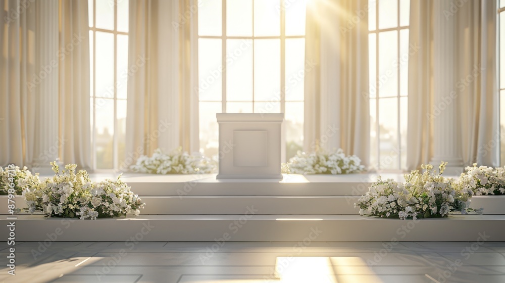 Fototapeta premium Sunlit Wedding Ceremony Stage with Floral Decor.