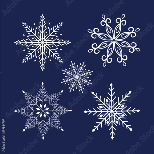 A set of Snowflake icons. Snow vector set. A set of 5 Christmas snow icons. Isolated snowflake icons. A simple snowflake icon in a vector design in a flat style.