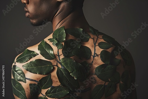 Man with leaf designs covering his skin, artistic and natureinspired visual photo